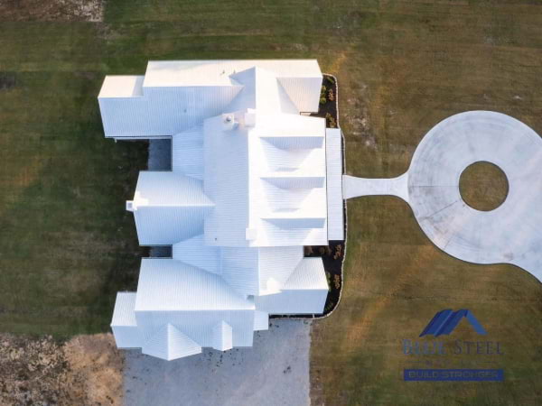 top view of a white metal roof from blue steel manufacturing