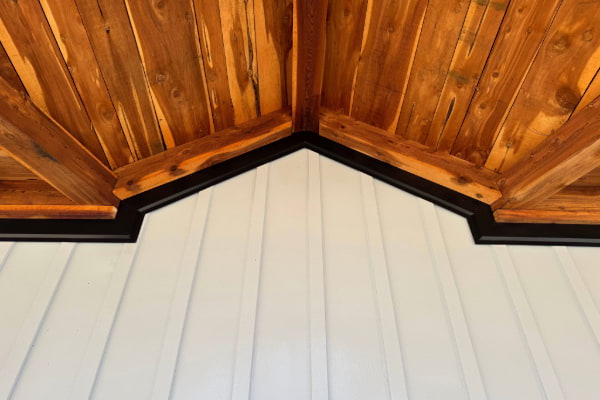 black trim on a white siding against a wooden ceiling